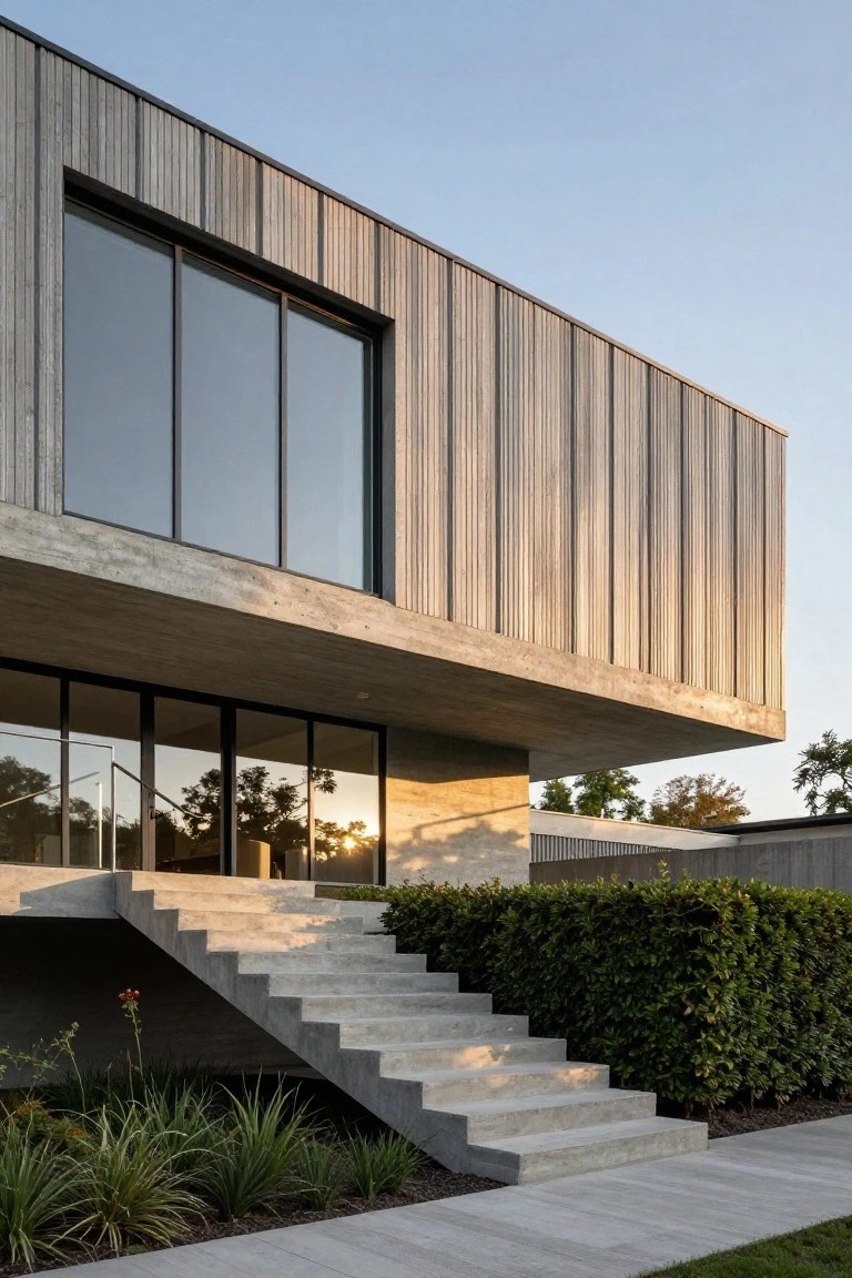 Modern house exterior with cantilevered gray concrete upper volume over glass entrance doors and wide concrete stairs, vertical wood cladding on side wall, hedges and grasses at base.