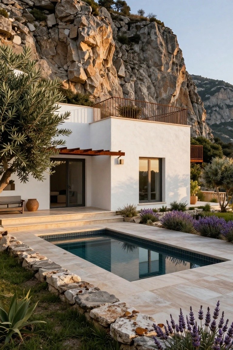Modern white stucco house with wooden accents and a rectangular pool on a terraced stone platform against a rugged rocky cliff, bordered by lavender plants, olive trees, and agave.