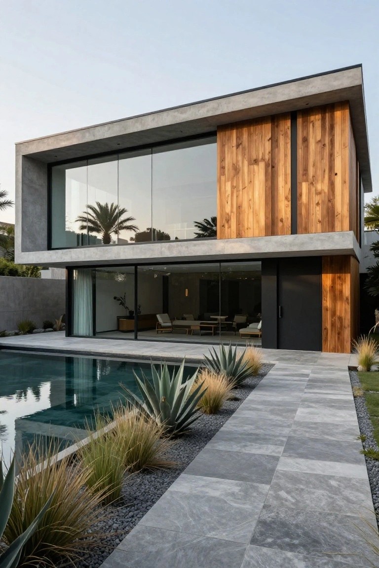 Modern two-story house with gray exposed concrete walls, vertical wood cladding on corners, large glass windows and doors, infinity-edge pool, and pathway lined with agave plants, grasses, and pebble mulch.