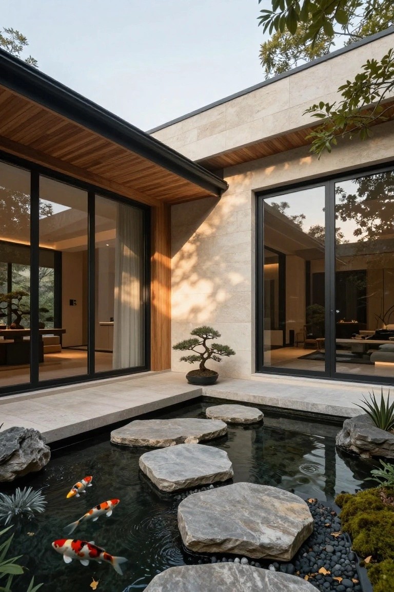 Modern house courtyard with shallow koi pond containing colorful koi fish, crossed by large flat gray stepping stones, bonsai tree in pot nearby, stone pavers, and large glass doors on beige stone and wood building.