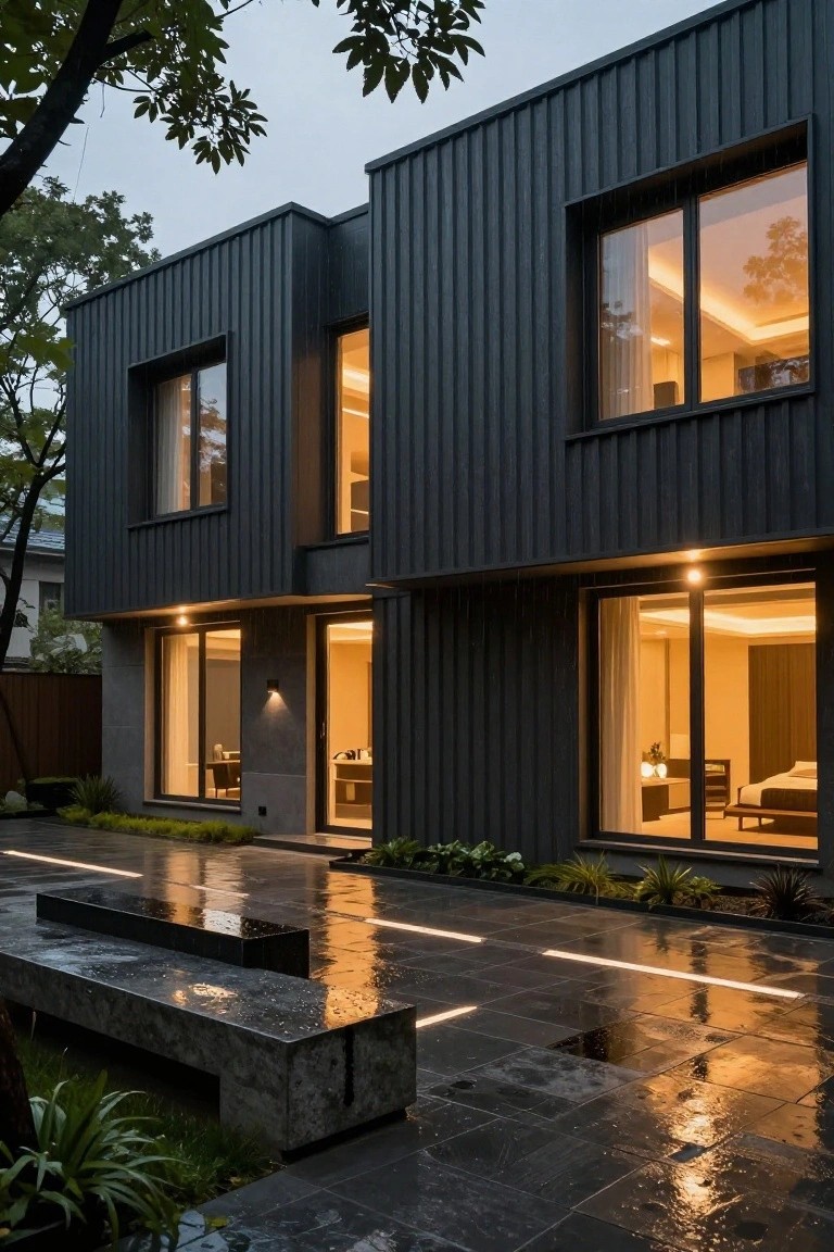 Two-story modern house with black corrugated metal siding, large glowing windows revealing warm interiors, stone patio with linear ground lights, bench, plants, and wet reflective surfaces after rain.