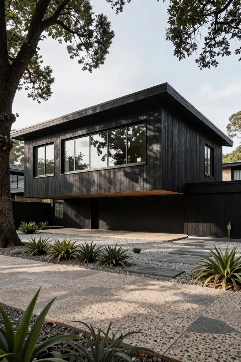 Black wood-clad modern house with large windows and cantilevered roof sections, set amid oak trees, with a gravel and stone entry path lined by agave plants.