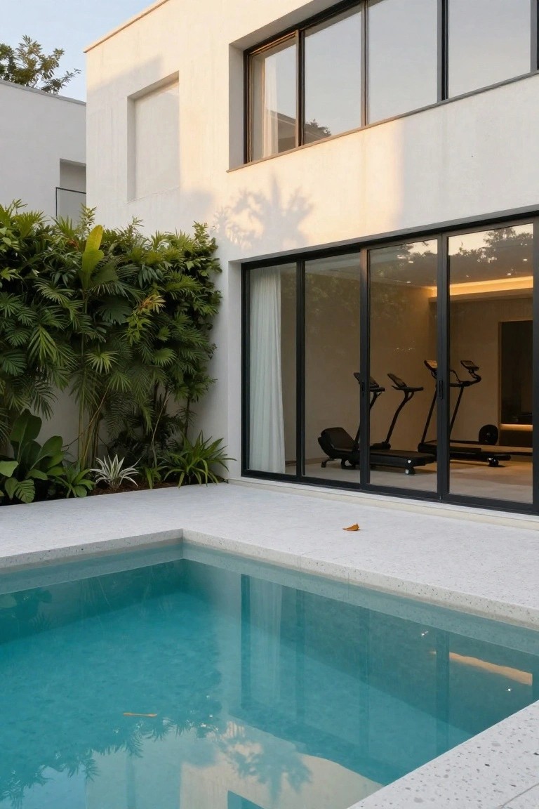Modern house with pool and glass-walled gym overlooking water.