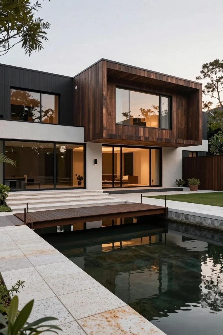 Modern house with wood and black exterior, pool, and wooden deck.