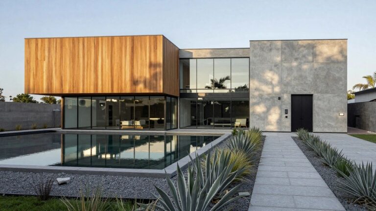 Modern two-story house with gray exposed concrete walls, vertical wood cladding on corners, large glass windows and doors, infinity-edge pool, and pathway lined with agave plants, grasses, and pebble mulch.