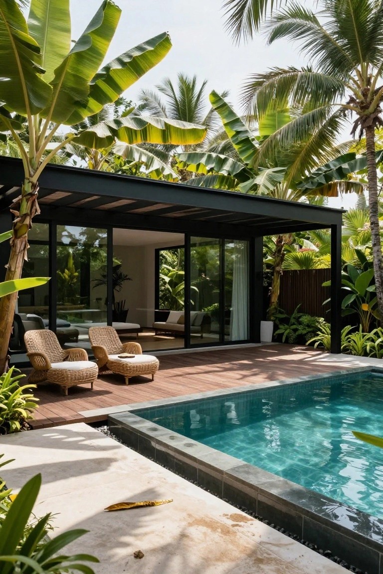 Modern black-framed glass house with open sliding doors to a wooden deck featuring two rattan lounge chairs and a small rectangular turquoise pool, surrounded by dense tropical plants including banana trees and palm fronds.