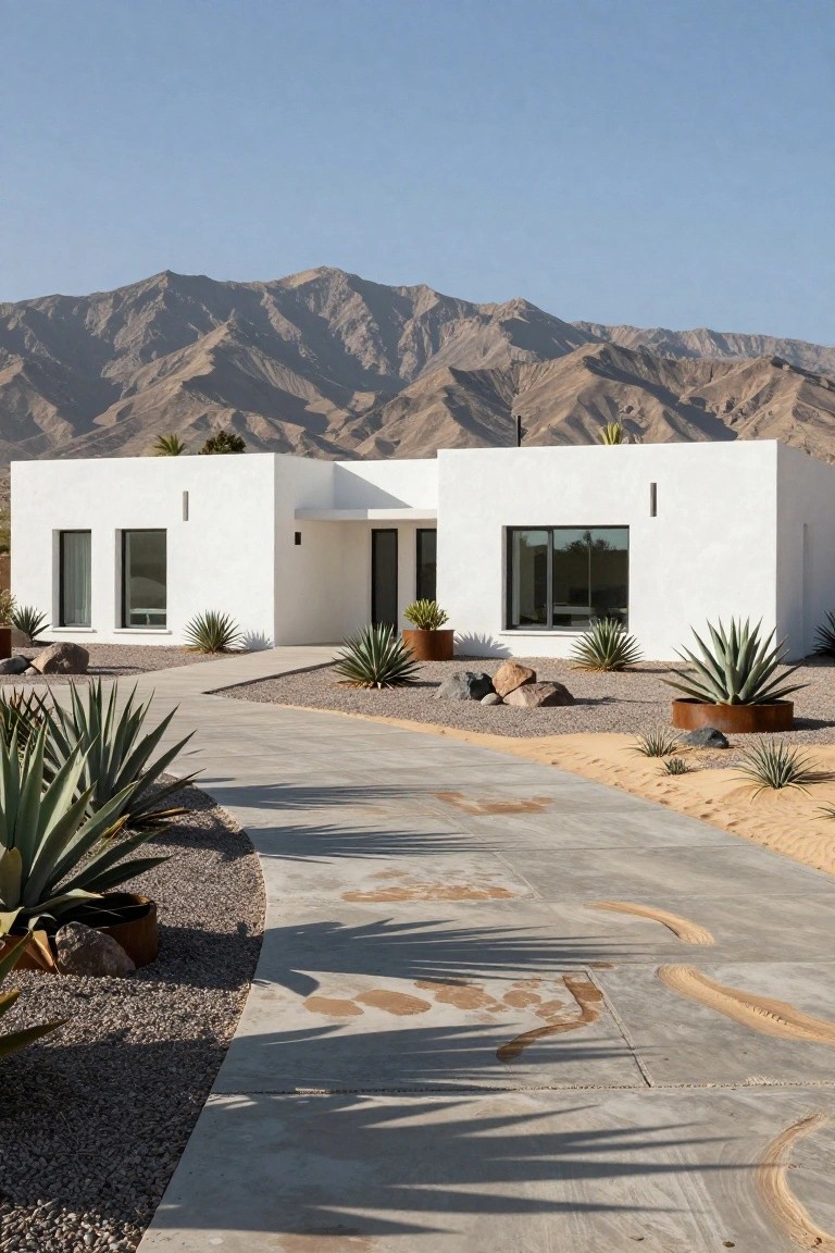 A white boxy modern house with large windows and flat roof sits against rugged desert mountains, featuring a curved concrete driveway edged by gravel, rocks, and large agave plants in pots and the ground.
