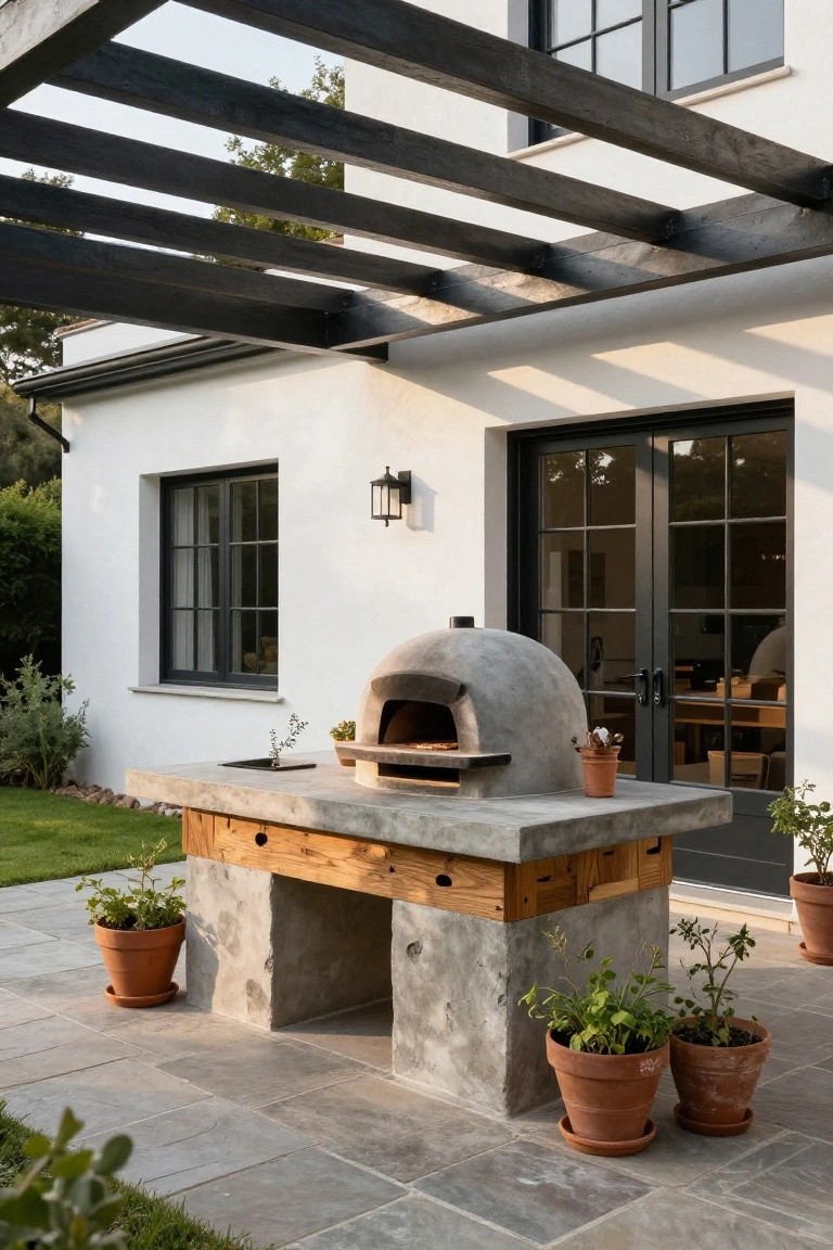 Backyard patio with beige dome-shaped pizza oven on gray concrete counter with wooden supports under wooden pergola, next to white house with black-framed windows and doors, potted plants and lawn nearby on stone tile floor.