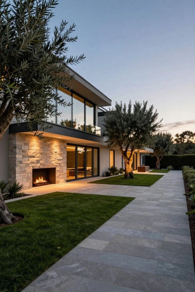 Modern house exterior at dusk with linear gas fireplace in stone wall, olive trees, paver pathway through grass lawn, and glass walls.
