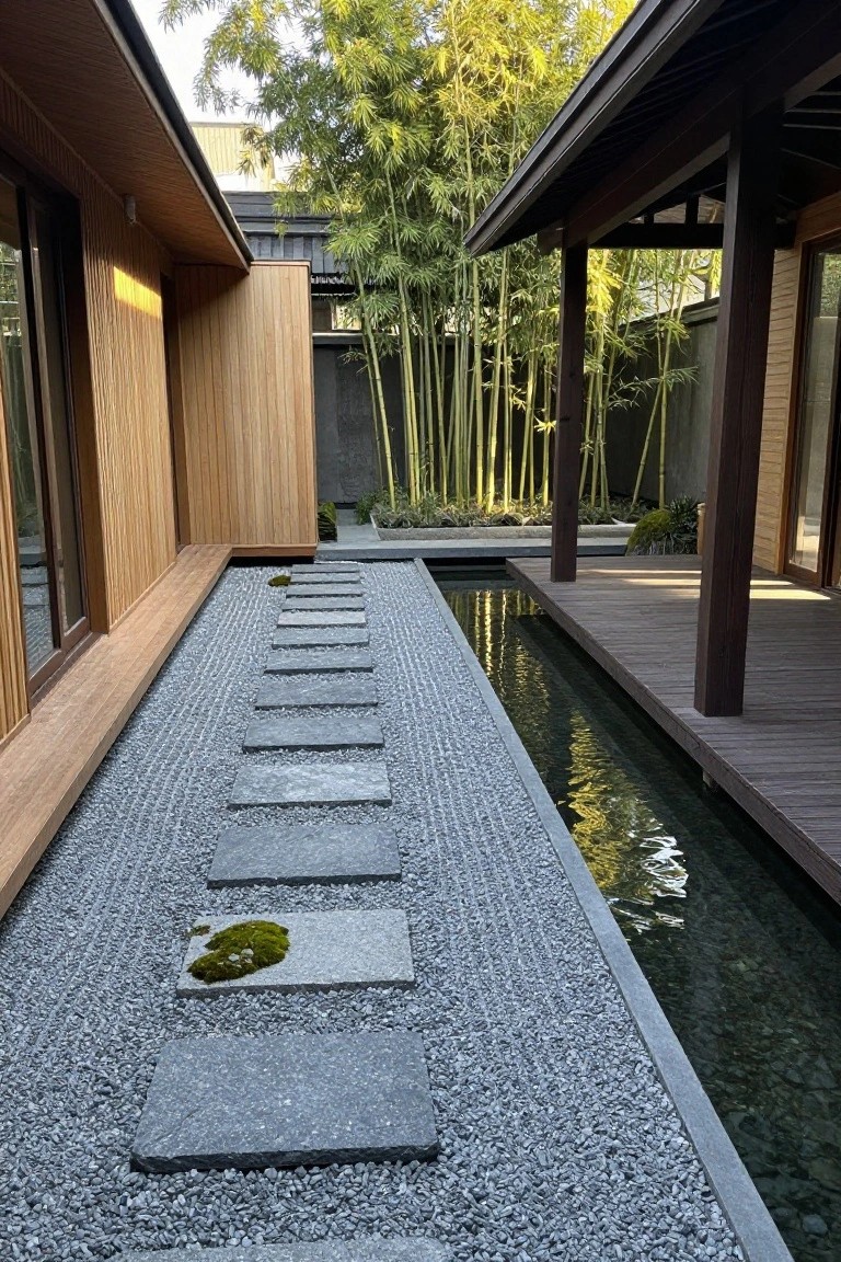Wooden modern house walls surround a gravel courtyard with irregularly spaced gray stepping stones parallel to a narrow rectangular water channel, bamboo plants in the background, and wooden decking on one side.