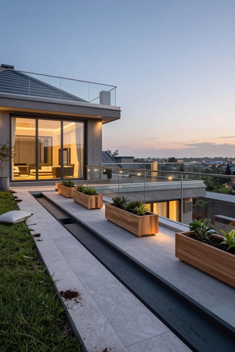 Modern rooftop terrace at dusk with a stone walkway flanked by wooden planters containing greenery, a narrow dark channel beside the path, large illuminated glass sliding doors, and surrounding grass and plants.