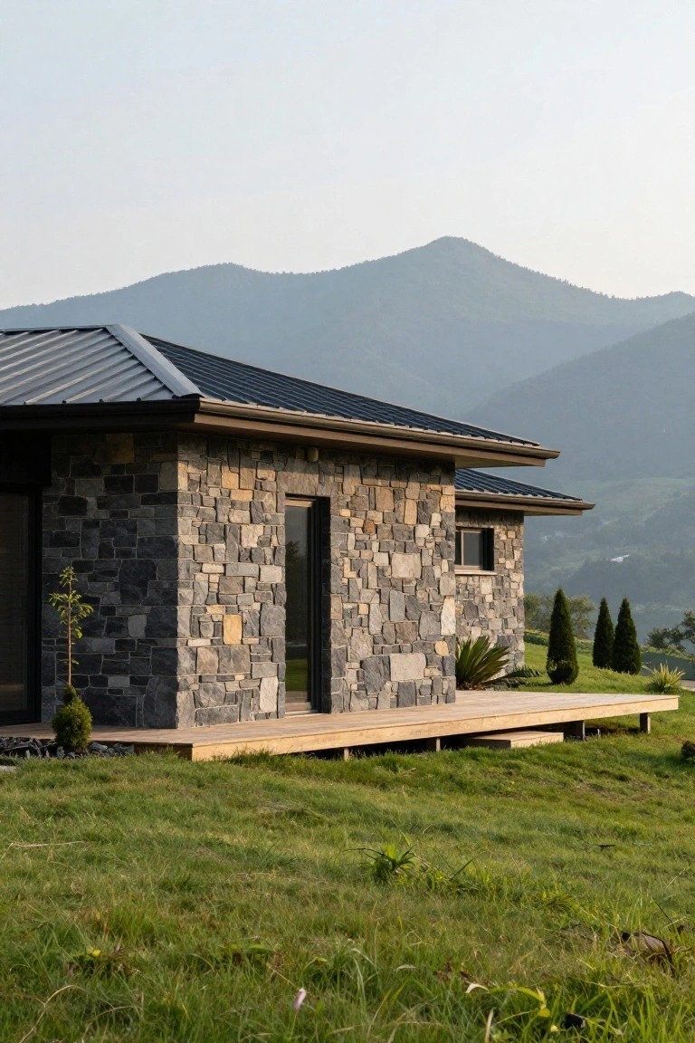 Corner view of a modern house with gray irregular stone walls, black metal roof, large glass door and window, wooden deck on posts over green grass, small trees, and distant mountains.