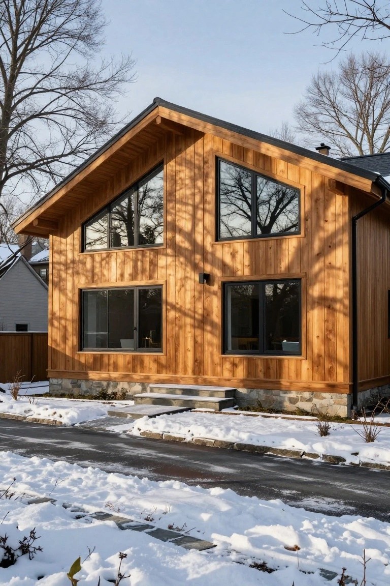 Modern two-story house with horizontal golden wood siding, black-framed triangular and rectangular windows, gabled roof with black shingles, stone foundation, concrete entry steps, snowy driveway and yard, bare trees nearby.