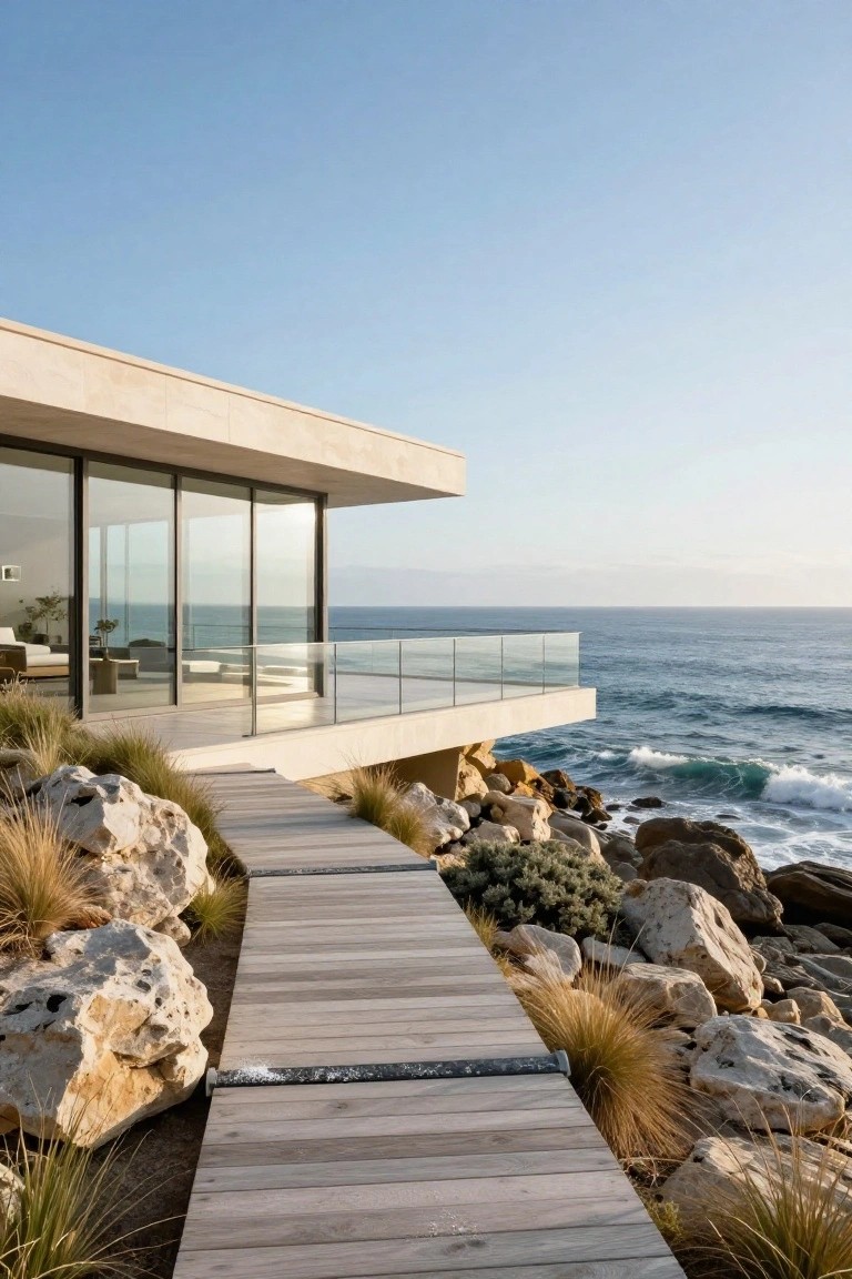 Modern house with beige exterior, glass walls, cantilevered balcony, and wooden pathway winding through rocks and grasses to ocean waves.