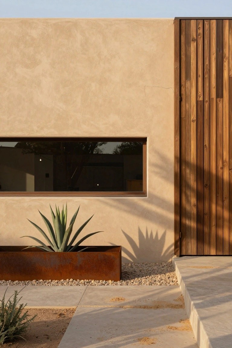 Beige stucco house wall with dark wooden vertical siding, horizontal wood-framed window, large agave in rusted rectangular metal planter box, gravel mulch, small agaves, and light stone steps in a sunny desert setting.