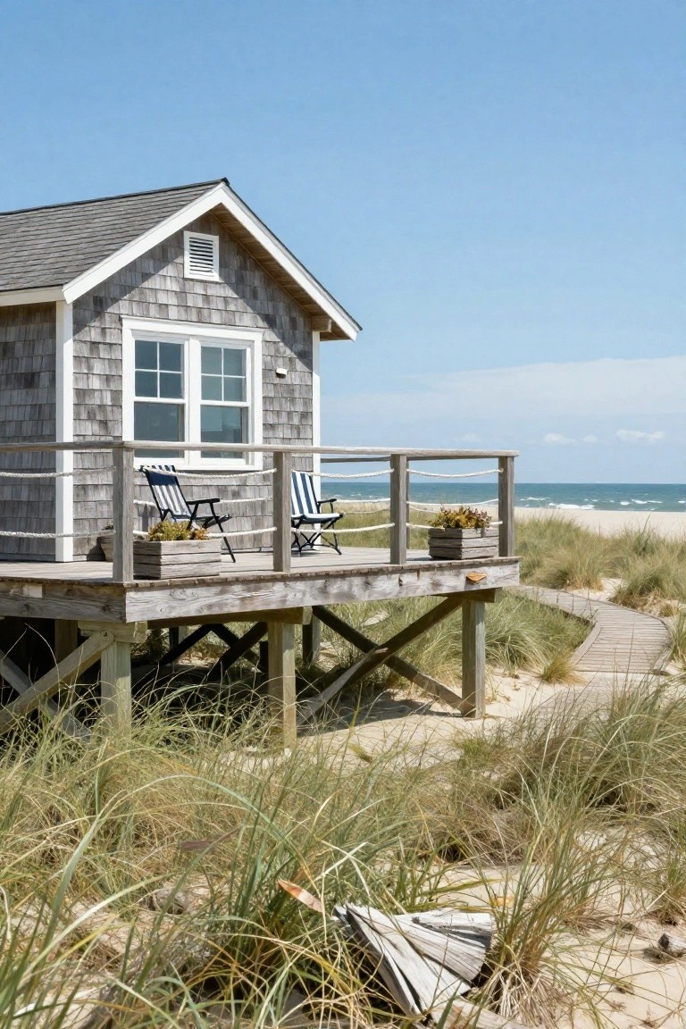 Gray shingled cottage elevated on wooden pilings with a deck holding striped chairs and potted plants, surrounded by sand dunes and beach grass near the ocean.