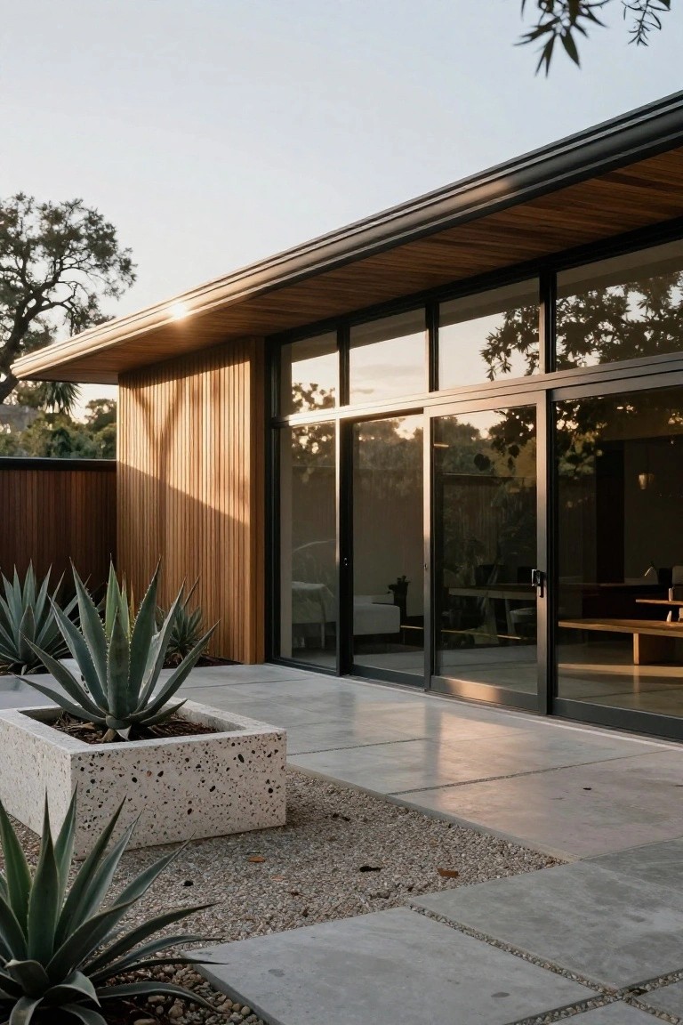 Modern house with vertical wood cladding and large black-framed sliding glass doors opening to a concrete paver patio edged in gravel and featuring agave plants in pebble aggregate concrete planters.