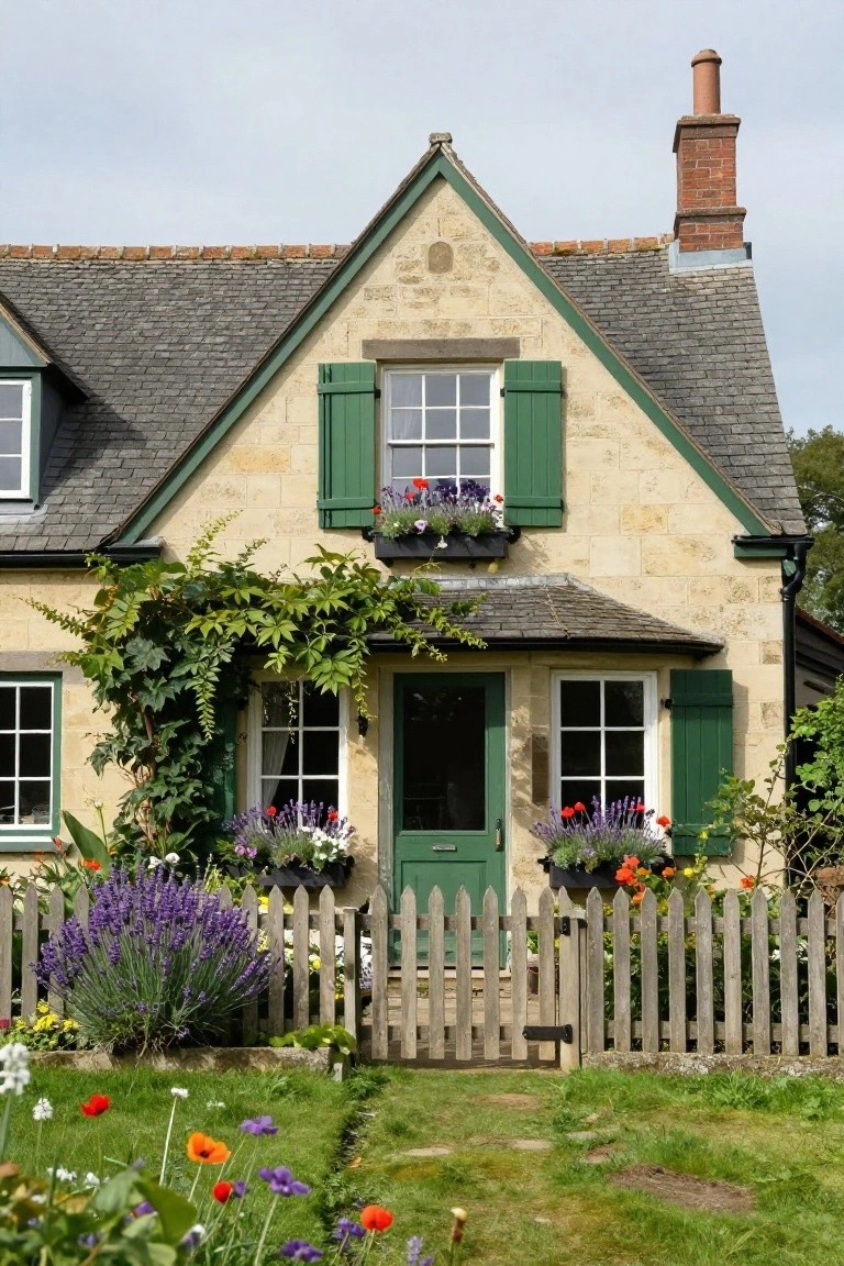 Charming stone cottage with green shutters, door, and lush flower garden.
