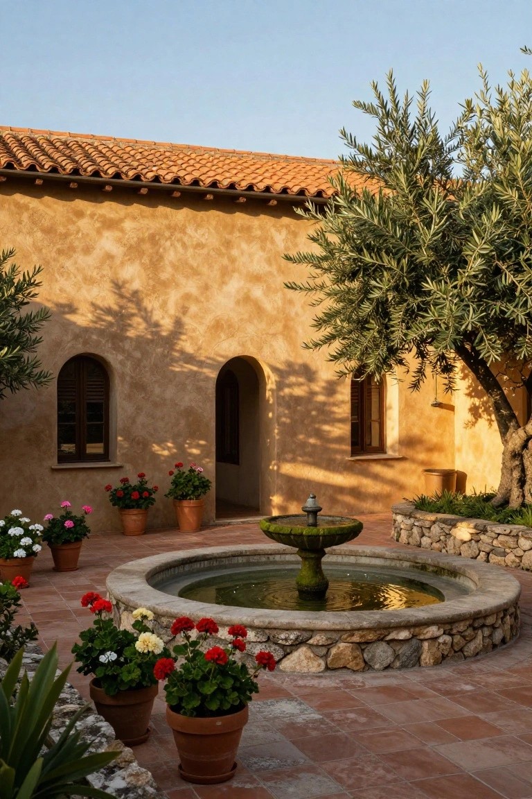 Beige stucco house wall with arched wooden door and shuttered window beside a terracotta-tiled courtyard featuring a central mossy stone fountain, potted red and white geraniums, an olive tree, and stone edging.