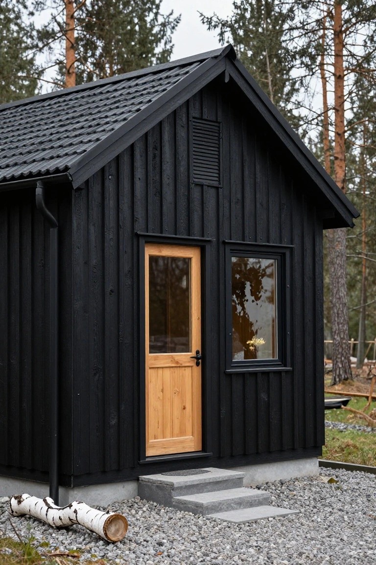 Small gabled cabin with black vertical wood siding, dark tiled roof, yellow wooden door with glass, black-framed window, concrete steps, and gravel base in a pine forest with birch log nearby.