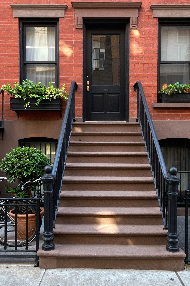 Red brick row house with brownstone steps flanked by black wrought iron railings leading to a black front door, window boxes with trailing plants, potted greenery, and a bicycle at the base.