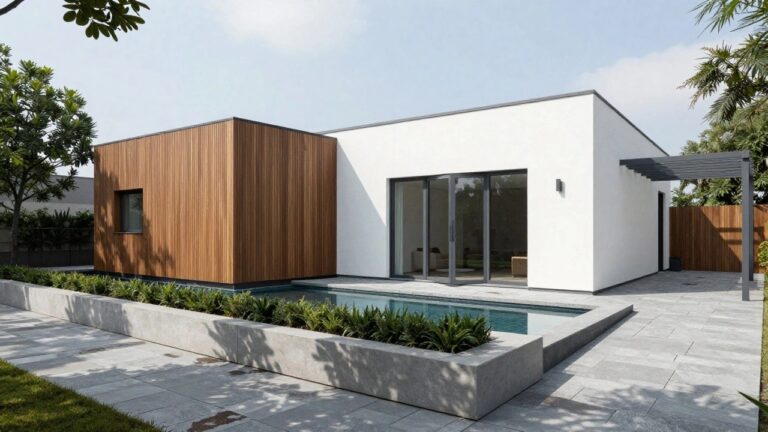 Modern cube house with white walls, dark wood cladding on sides and corner, glass entry doors, small front pool, concrete steps, and low shrubs.