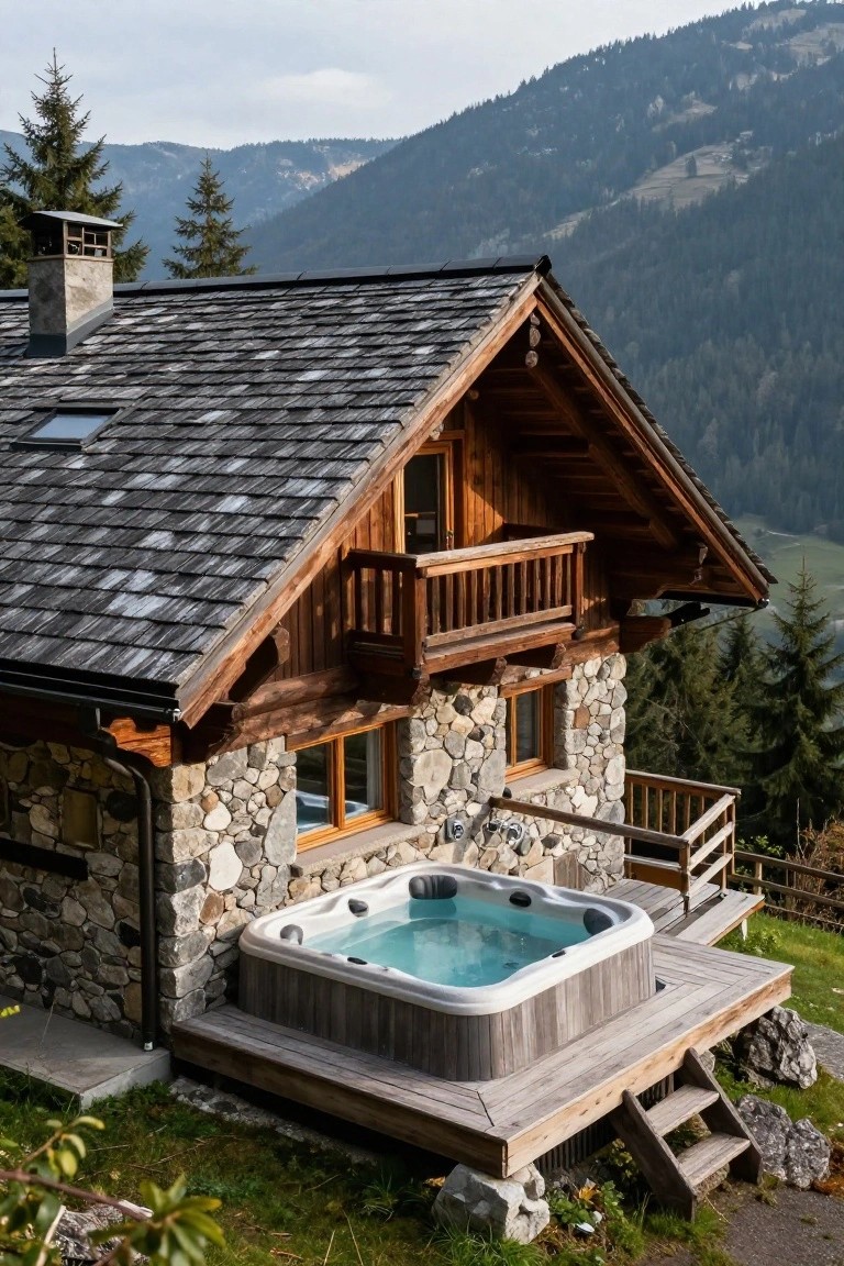 Rustic chalet house made of stone and wood with a round blue hot tub on a wooden deck platform next to it, set against pine trees and mountain peaks.