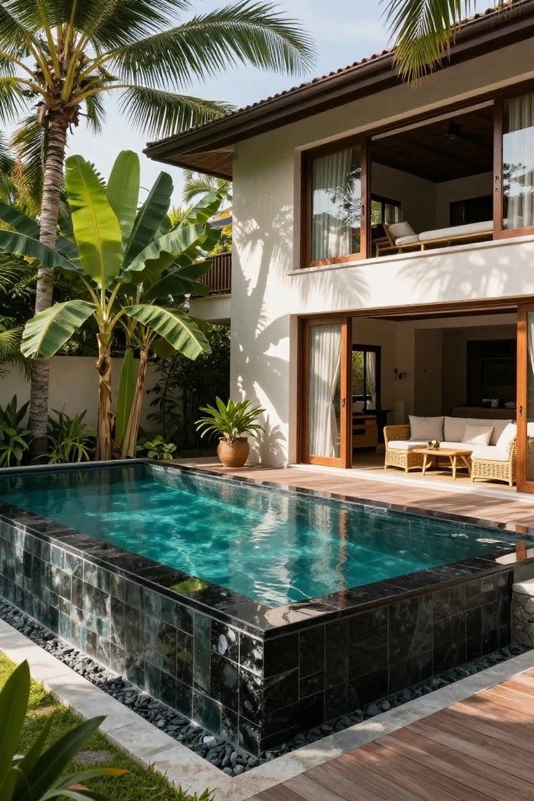 White tropical-style house exterior with infinity-edge swimming pool edged in black tiles adjacent to wooden deck and open sliding doors to indoor seating area, surrounded by palm trees, banana plants, and potted greenery.