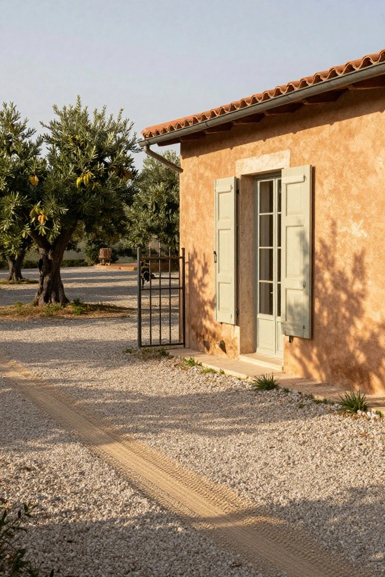 Ochre stucco house with terracotta roof tiles, open pale green shutters on French doors, open black wrought-iron gate, gravel driveway, and several olive trees nearby.