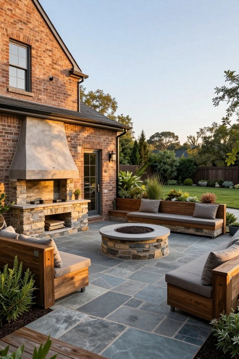 Brick house exterior with attached outdoor stone fireplace, slate tile patio featuring a central circular gas fire pit surrounded by built-in wooden benches with cushions, and surrounding landscaping.