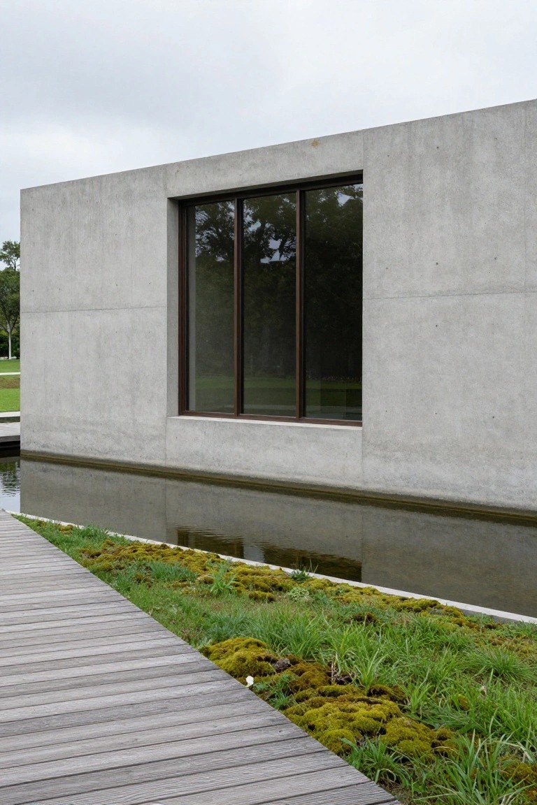 Gray concrete wall of modern house with large dark-framed window, reflected in narrow adjacent pool next to wooden walkway and mossy grass planting.