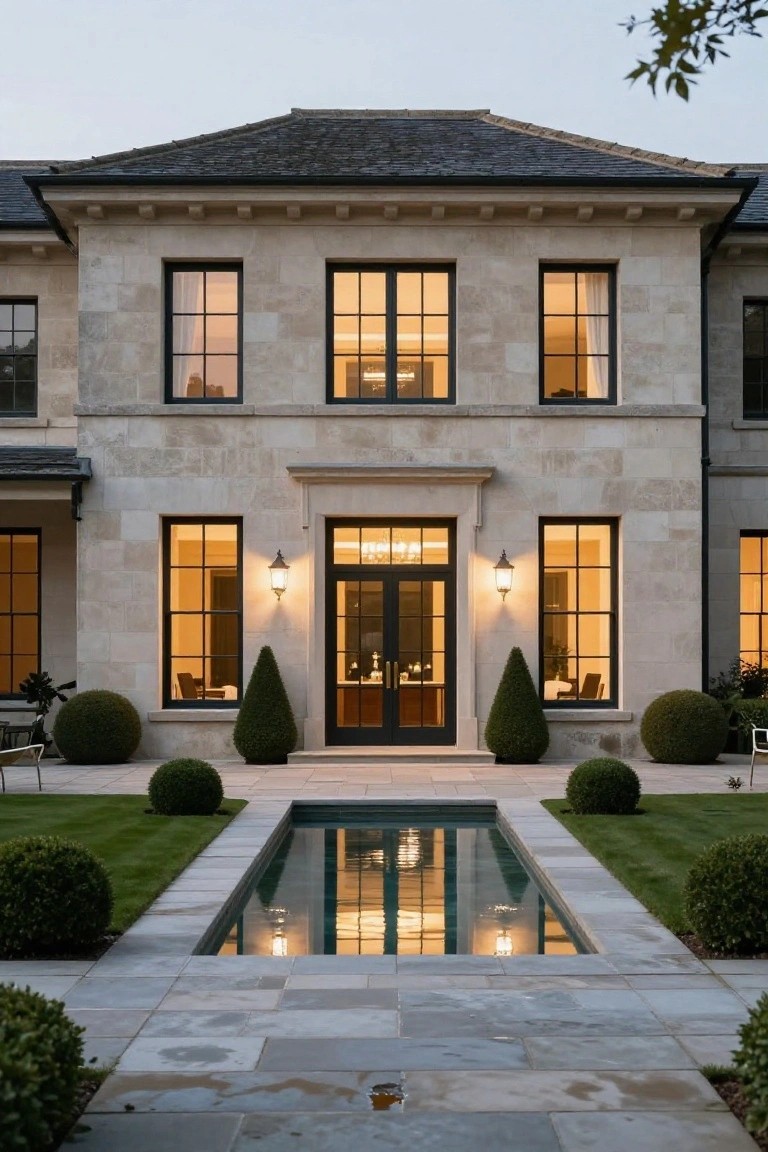 Symmetrical beige stone house facade with black-framed windows and double entry doors lit from within, flanked by lanterns and boxwood shrubs, with a narrow rectangular reflecting pool centered in the stone pathway at evening.