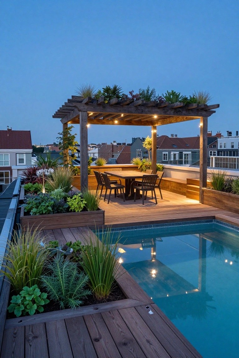 Rooftop deck with wooden pergola, dining table, plants, and pool at dusk.