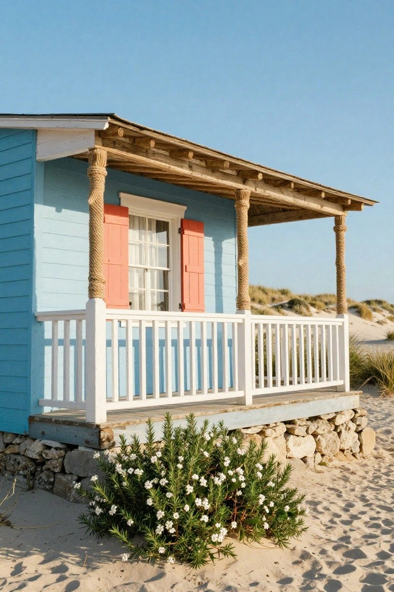 Light blue wooden beach cottage with a covered porch supported by columns wrapped in thick rope, orange shutters on the window, white railings, stone foundation, and white-flowering shrubs growing from sand at the base.