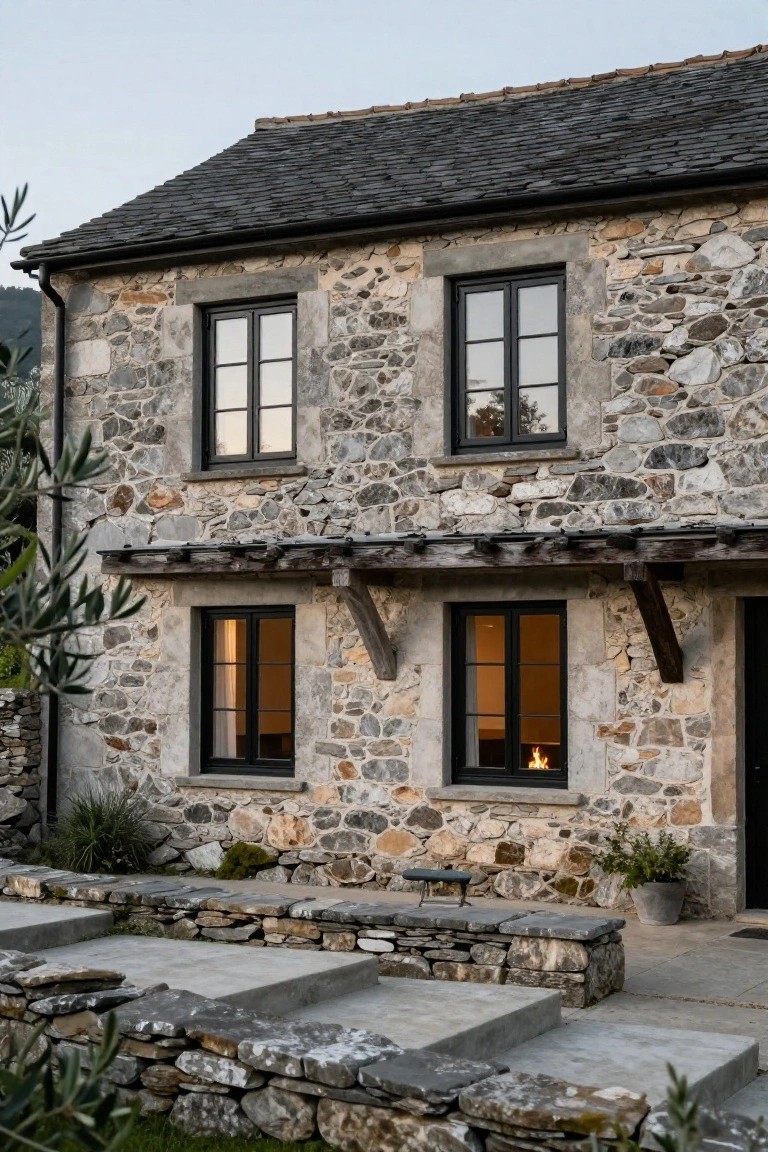Stone house exterior with irregular gray stone walls, black-framed windows, slate tile roof, wooden beam porch over the entry door, stone steps, potted plants, and olive trees nearby.