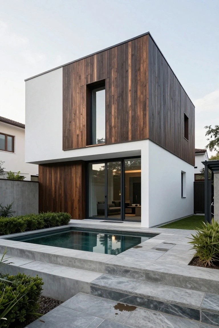 Modern cube house with white walls, dark wood cladding on sides and corner, glass entry doors, small front pool, concrete steps, and low shrubs.