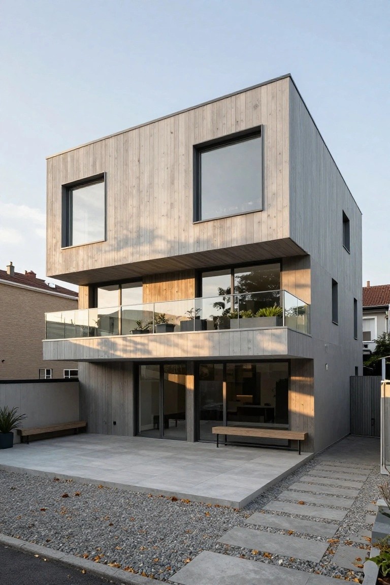 Modern two-story house with light gray vertical wood cladding, large windows, cantilevered upper balcony with glass railing and plants, and ground-level patio with pavers, bench, gravel area, and pathway.