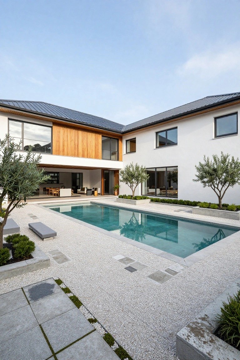 Modern white house with wood cladding and large glass doors adjacent to a rectangular turquoise pool surrounded by white pebble decking, concrete slabs, low hedges, olive trees, and stone benches.