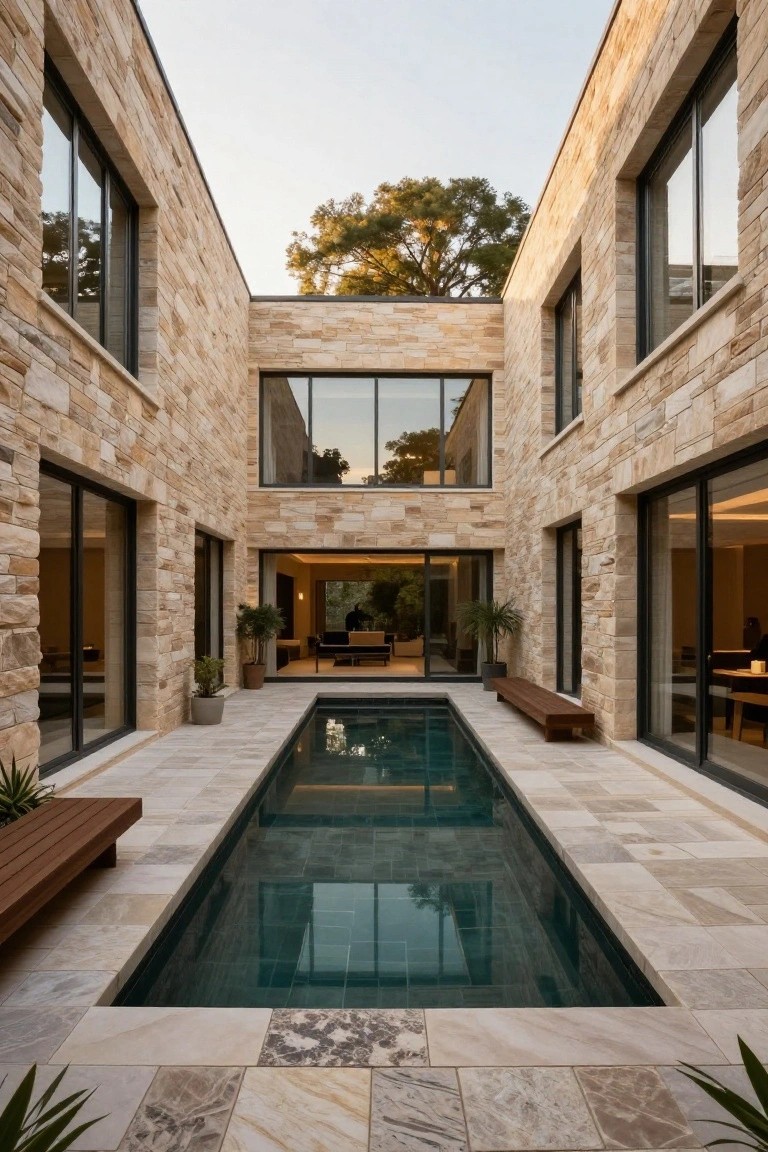 Narrow rectangular pool in a stone-paved courtyard enclosed by beige stone walls with large glass windows and sliding doors, wooden benches, potted plants, and a tree visible in the background.