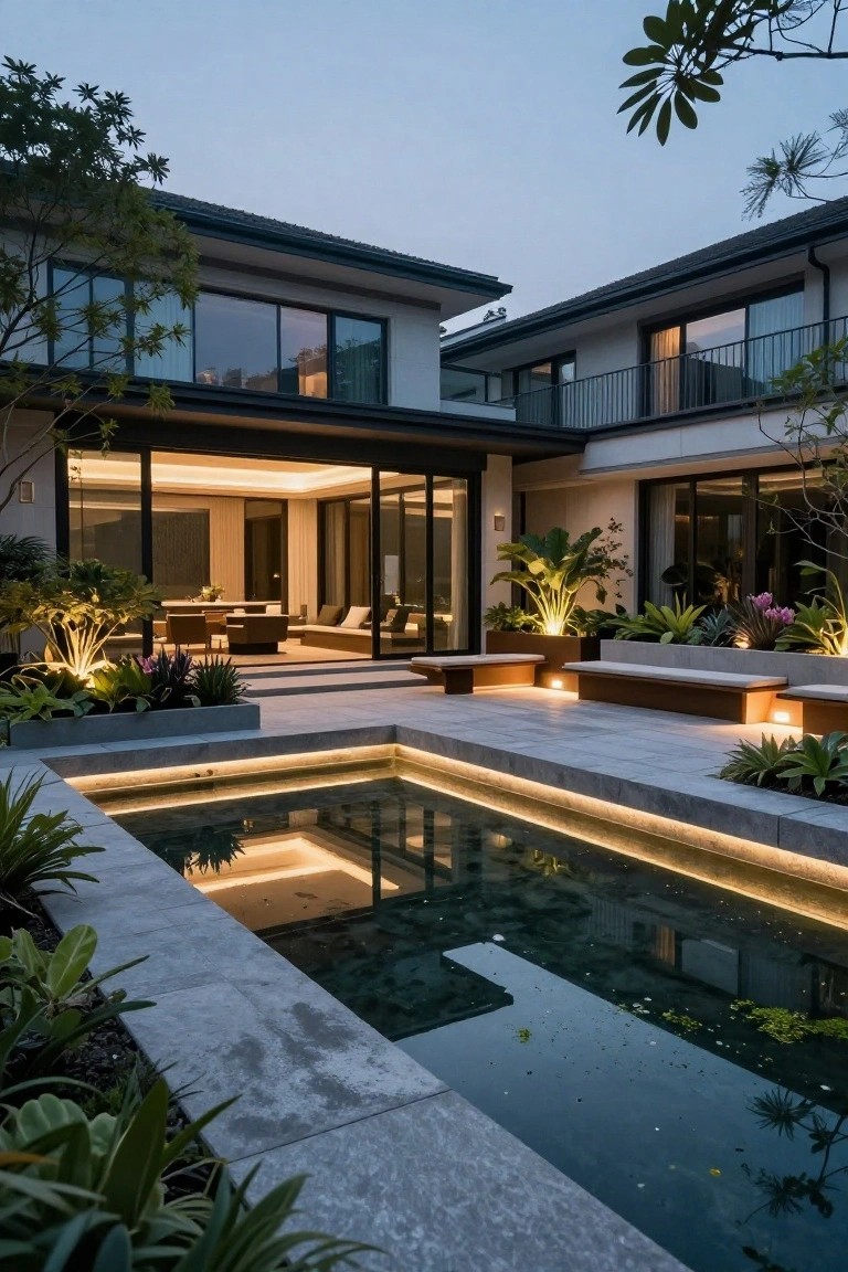 Modern house exterior at dusk with large glass doors opening to a stone-paved courtyard featuring a rectangular lit reflecting pool, tropical plants, benches, and surrounding landscaping.