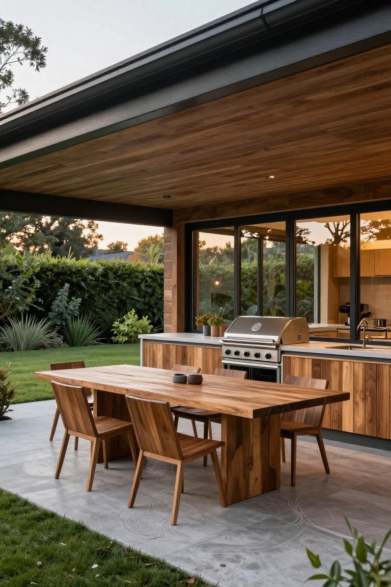Covered wooden patio with large dining table and chairs, built-in stainless steel grill and wooden cabinets, large glass doors to indoor kitchen, concrete flooring, and surrounding grass and plants.