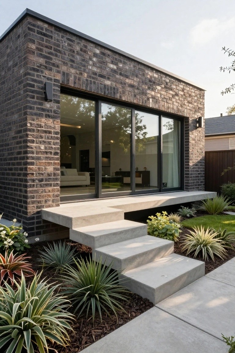 Modern black brick house exterior with large sliding glass doors, protruding cantilevered concrete platform and steps at the entry, and low drought-tolerant plants including agaves in mulch beds around the base.