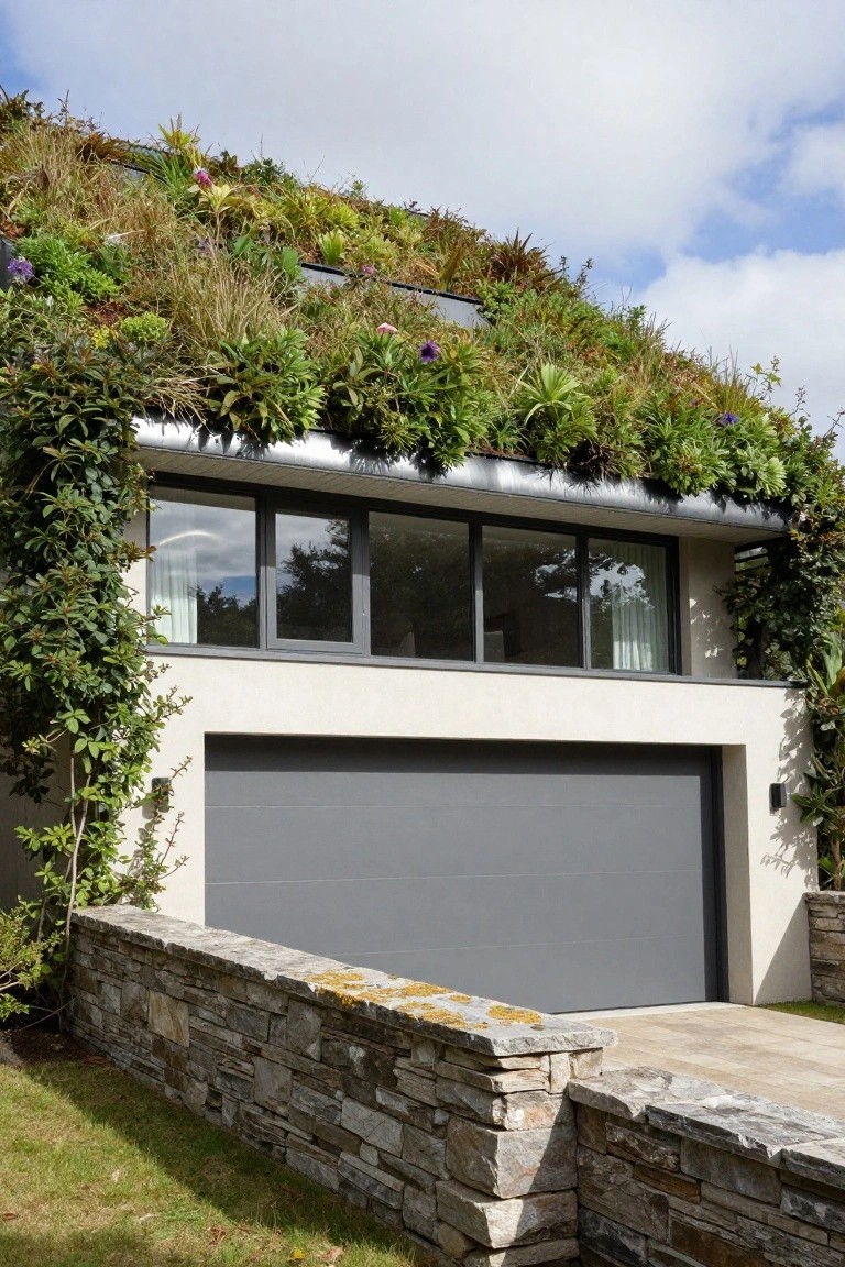 Modern house with green roof garden above gray garage door.