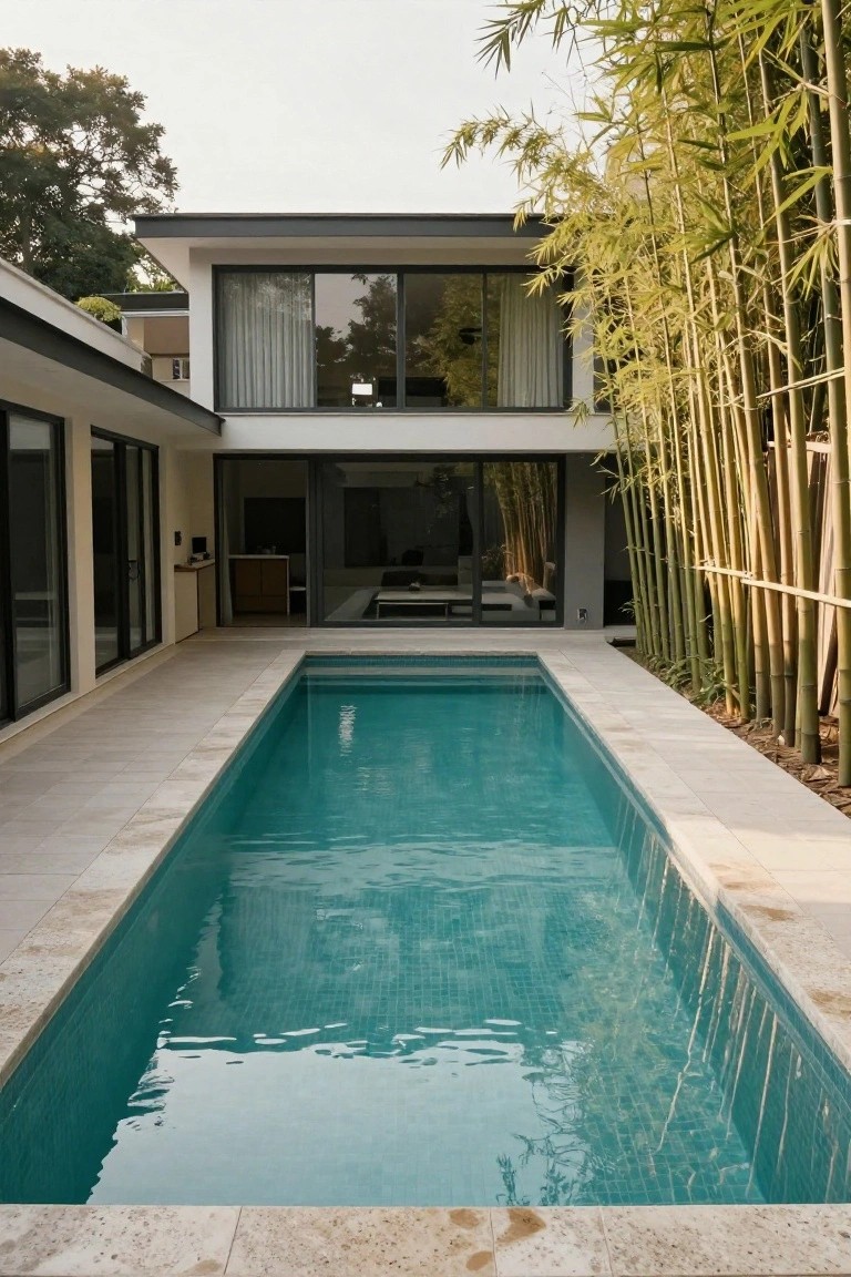 Long narrow turquoise-tiled pool next to a modern white house with large glass doors, stone decking around the pool, and tall bamboo plants along the far edge.