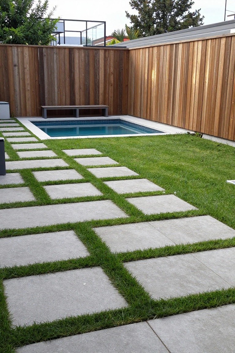Backyard view showing a small rectangular pool edged in white tile, wooden fences on two sides, a metal bench nearby, lush green grass, and square concrete pavers with grass strips forming a pathway to the pool.