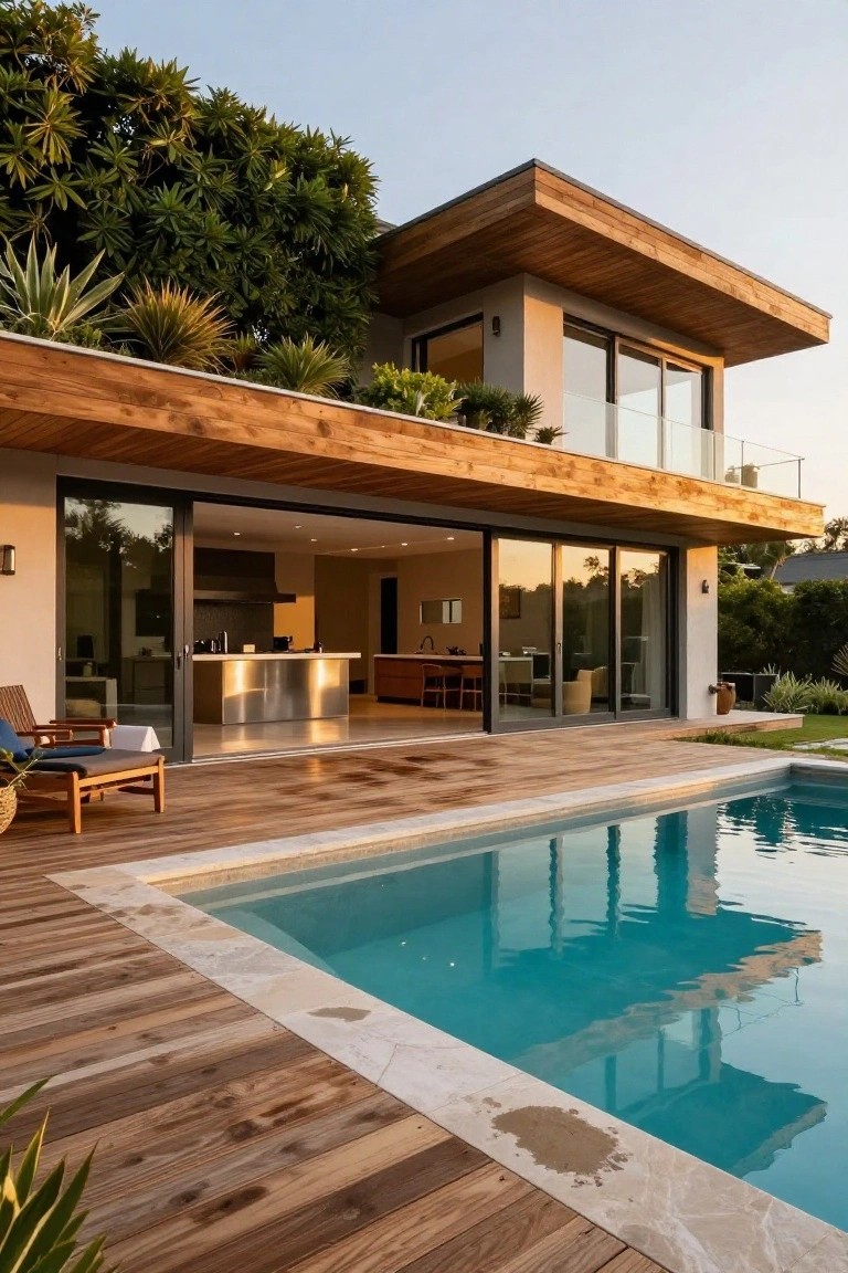 Modern stucco house with wooden overhang and deck surrounding a rectangular pool, large open sliding glass doors from kitchen area to deck, tropical plants and trees around the yard at sunset.