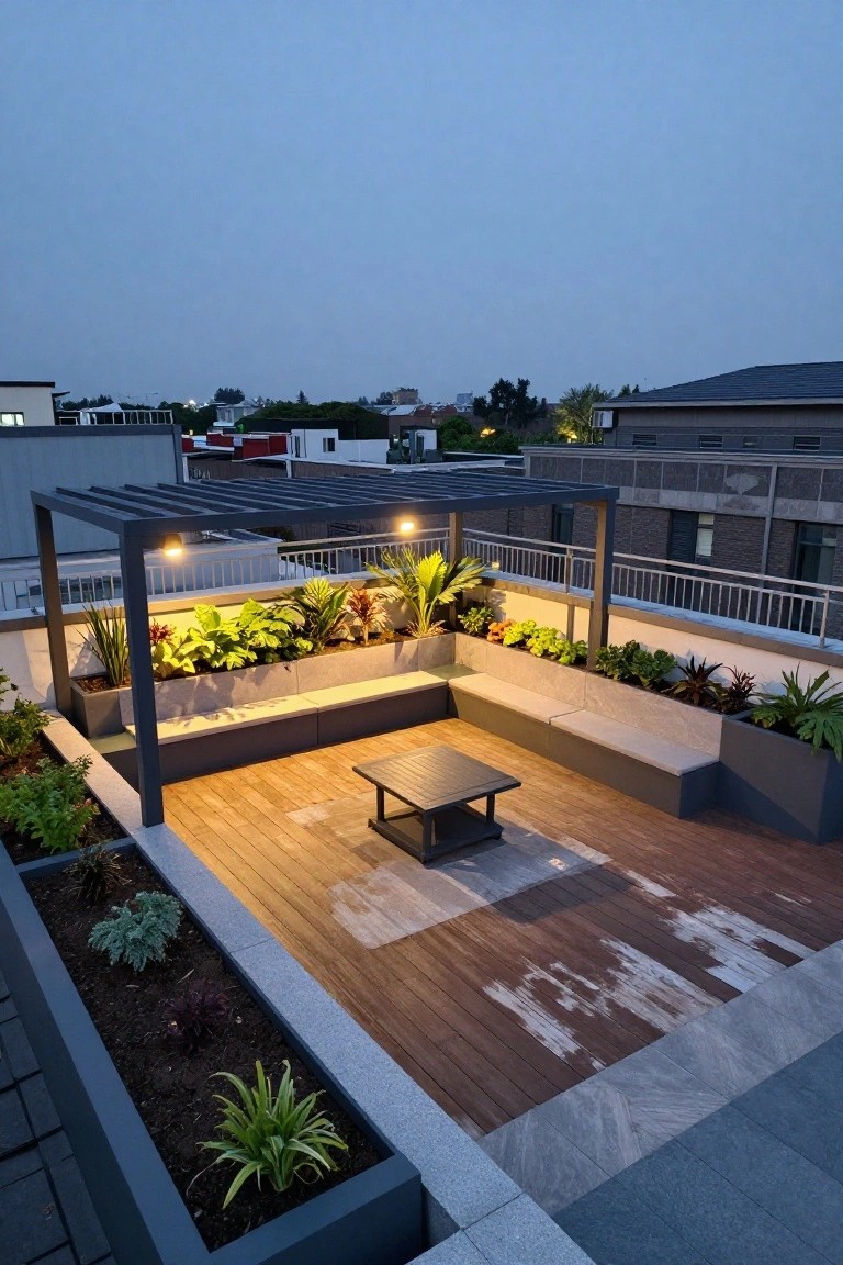 Rooftop terrace at dusk with wooden decking, L-shaped built-in bench seating integrated with rectangular planters containing various green plants, a central wooden table, metal pergola structure with hanging lights, and views of surrounding buildings.