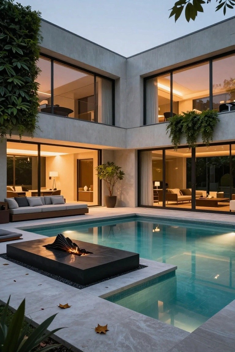 Modern L-shaped concrete house with large sliding glass doors open to a turquoise pool, adjacent black fire pit, outdoor sofas, potted plants, and vertical greenery on walls at dusk.