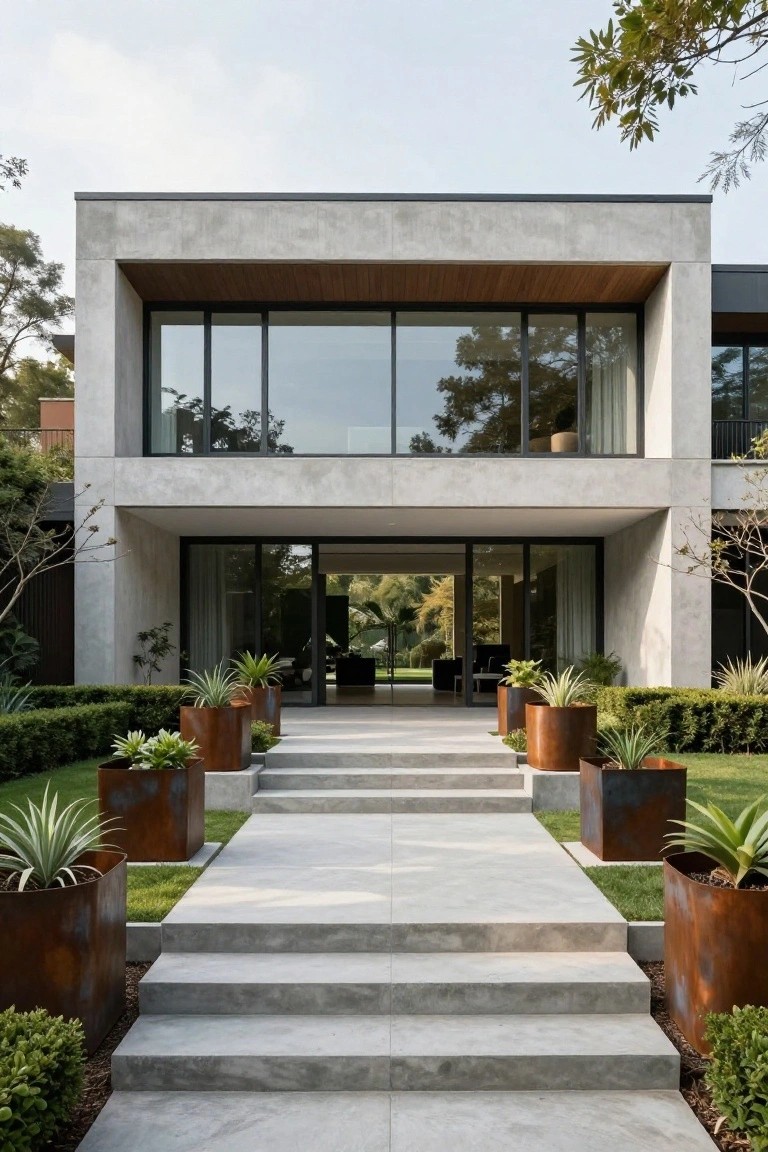 Modern concrete house exterior with large glass windows and wooden trim, concrete pathway and steps leading to entry doors flanked by corten steel planters with agave plants and boxwood hedges.
