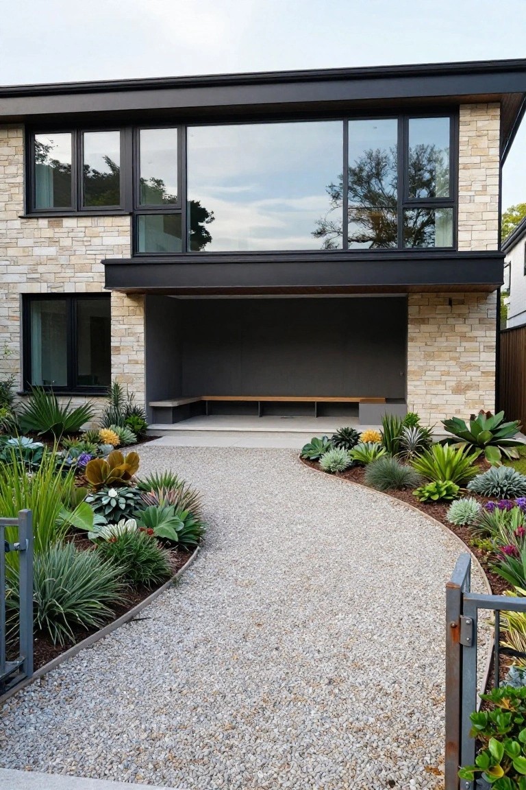 Modern beige stone house with black window frames and overhanging entry canopy, featuring a curved gravel pathway bordered by various succulents and agaves leading to a bench under the canopy.